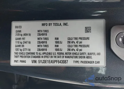 2023 Tesla Model 3 Rear-Wheel Drive z USA, uszkodzony, nr VIN 5YJ3E1EA5PF643087